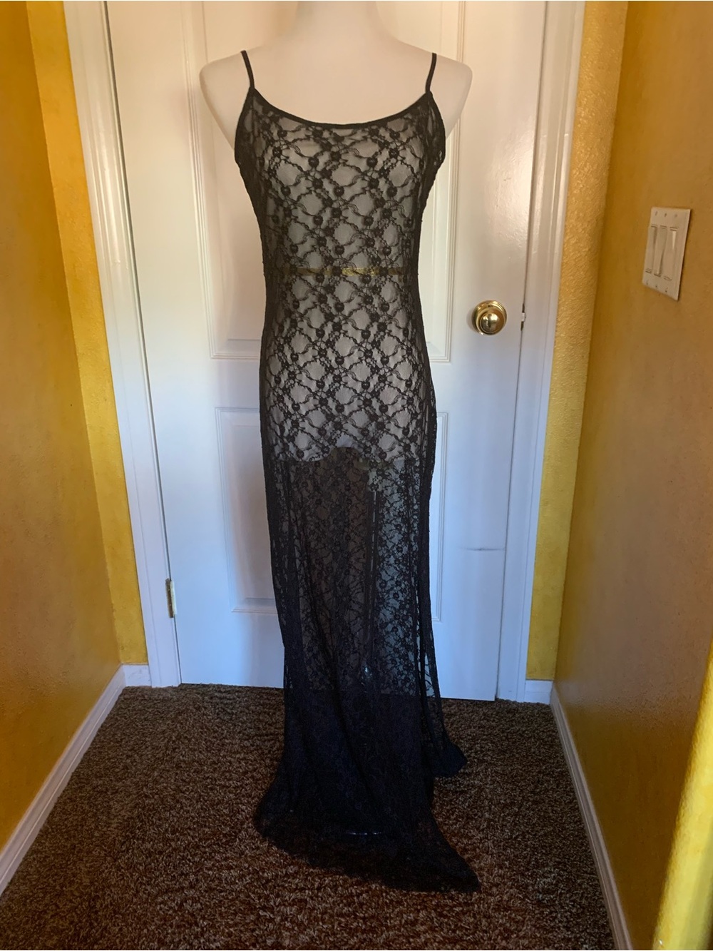 Black Lace Maxi Slip Dress - Elegant Sheer Evening Gown Lingerie